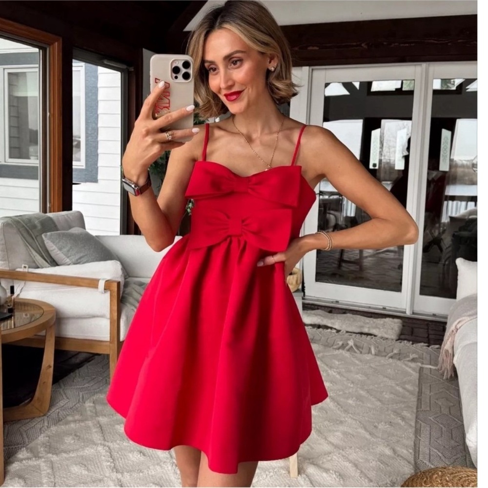 Sachin & Babi Sloane Taffeta Double-Bow Pleated Mini Dress Red Size 2 - Picture 2 of 8